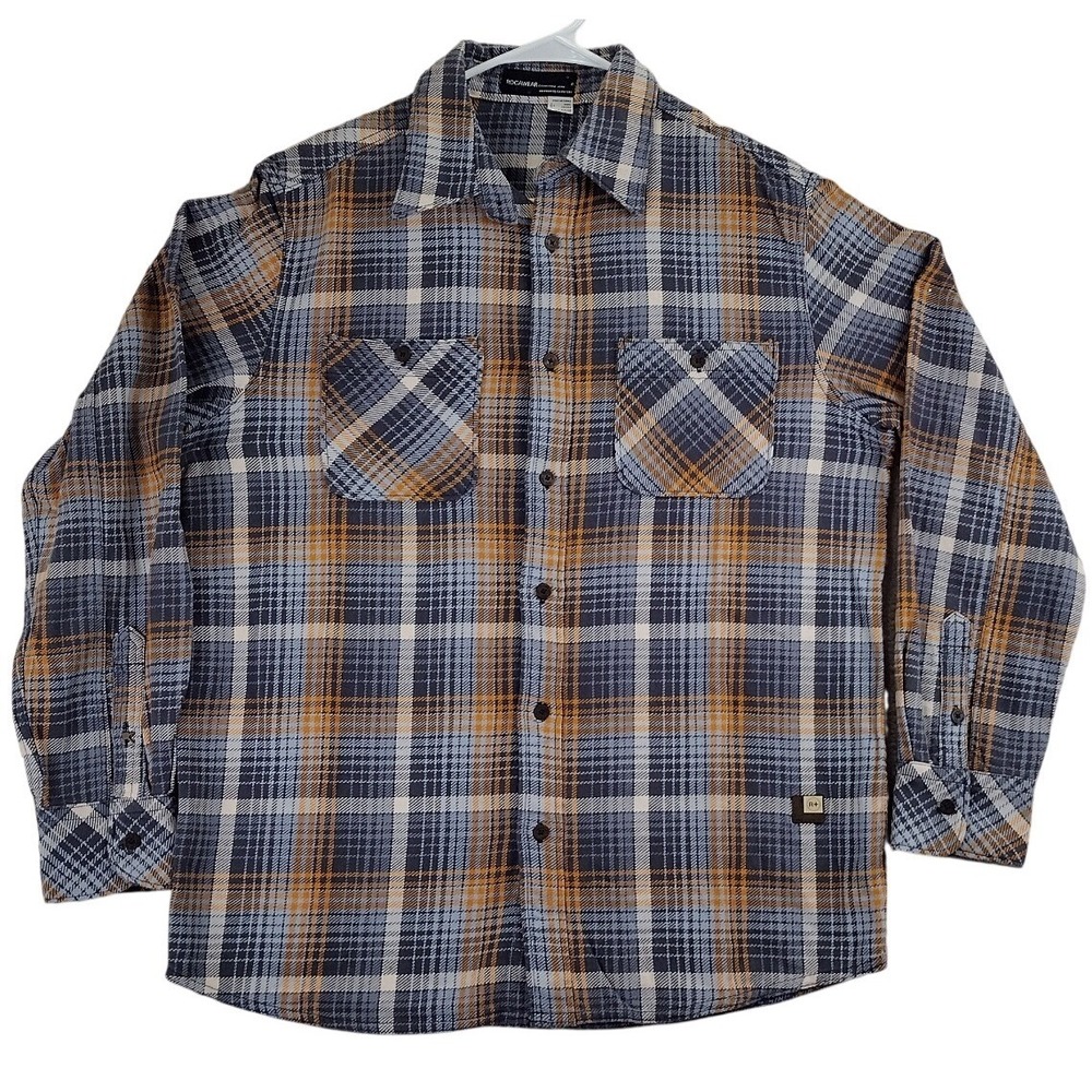 Rocawear Plaid Button Up Shirt Mens XL Blue Gold Streetwear Flannel Long Sleeve